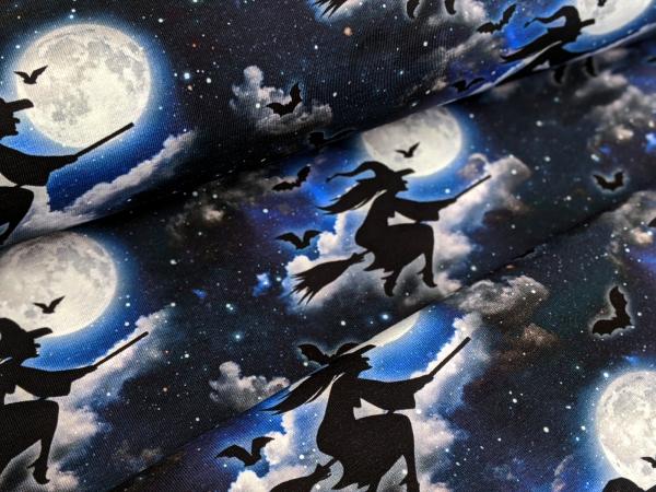 Baumwolljersey Hexe im Mondschein Besen Nachtblau